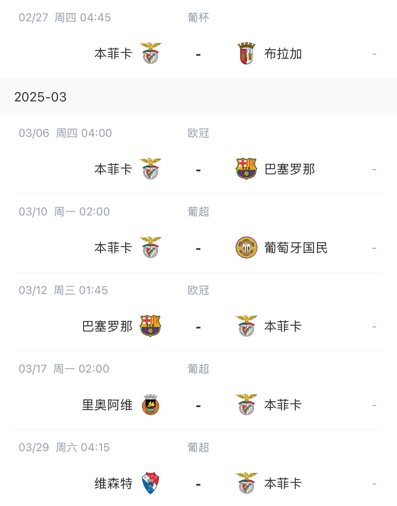讓路歐冠！本菲卡戰巴薩首回合比賽前的葡超比賽推遲進行